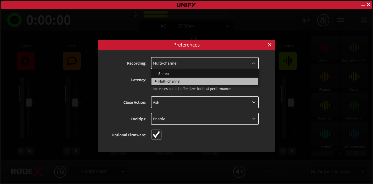 UNIFY multitrack preferences settings